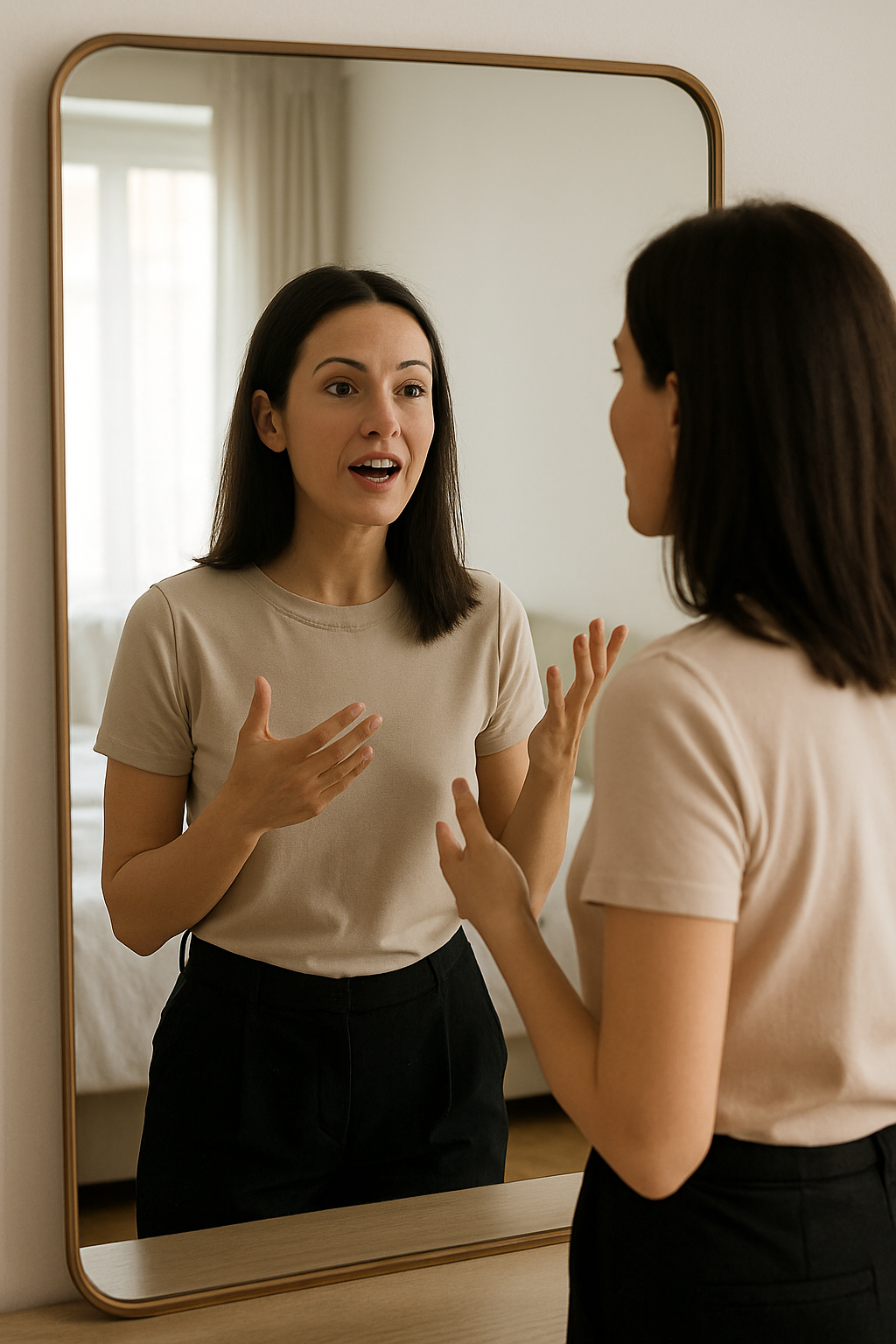 Mulher praticando oratória para iniciantes em frente ao espelho, com postura confiante. (Imagem gerada por IA)