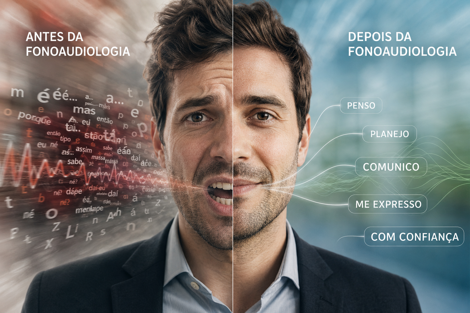 Homem controlando a velocidade da fala com ajuda da fonoaudiologia para tratar a fala rápida e melhorar a comunicação.