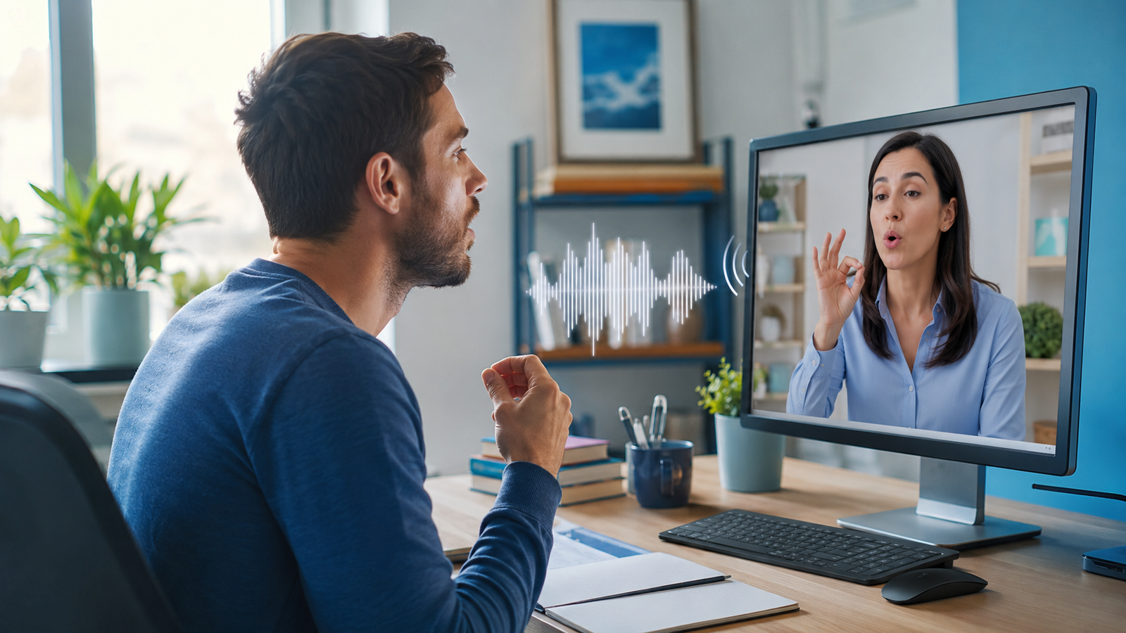 Paciente realizando sessão online com fonoaudióloga para melhorar o ritmo da fala e a comunicação.